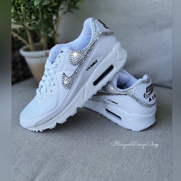 Women's Bling Nike Air Max 90 White Sneakers Shoes made with Swarovski Crystals - Picture 2 of 8